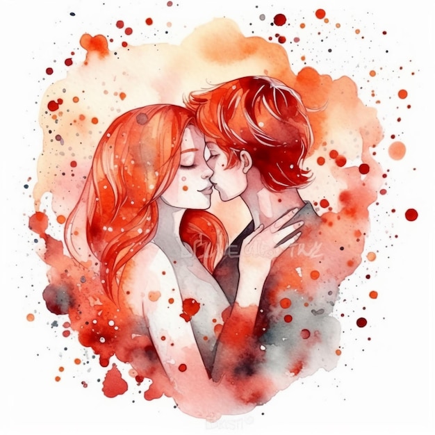 Une aquarelle d'un couple qui s'embrasse.