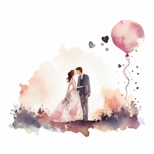 Une aquarelle d'un couple s'embrassant avec un ballon en arrière-plan.