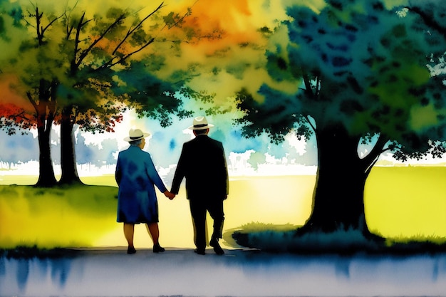 Une aquarelle d'un couple se tenant la main