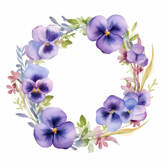 Aquarelle de la couronne de Pansy avec des fleurs de lavande pressées Résolution 8k