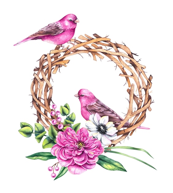 Aquarelle couronne de la Saint-Valentin avec des bouquets de fleurs oiseaux et fleurs isolés