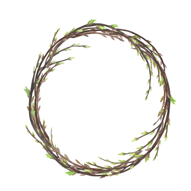 Photo aquarelle de couronne de saule avec des brindilles de printemps isolées sur blanc dessin à la main conception d'illustration de pâques pour cartes de voeux