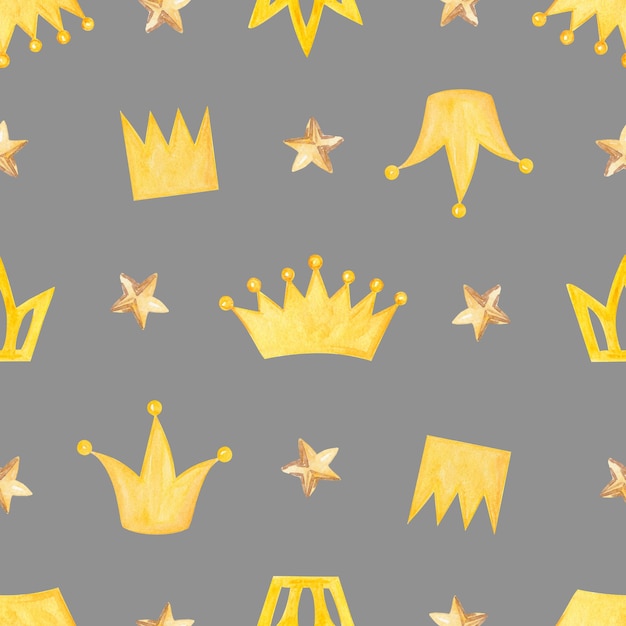 Photo aquarelle couronnes jaunes et étoiles motif sans couture sur fond gris