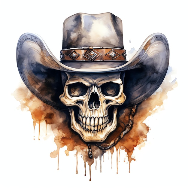 aquarelle crâne avec chapeau de cowboy western sauvage ouest cowboy désert illustration clipart