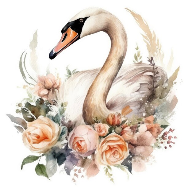 Une aquarelle d'un cygne avec des roses