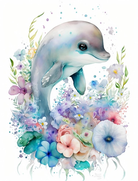 Une aquarelle d'un dauphin avec des fleurs et les mots dauphin.