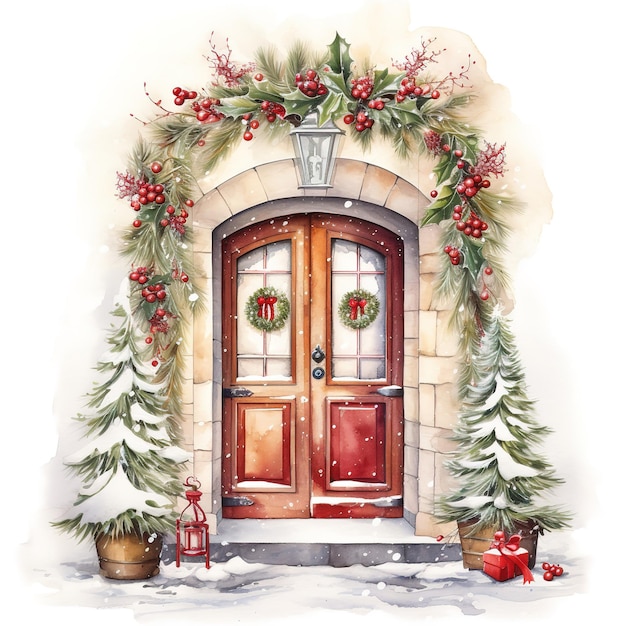 Aquarelle de décoration de porte de Noël