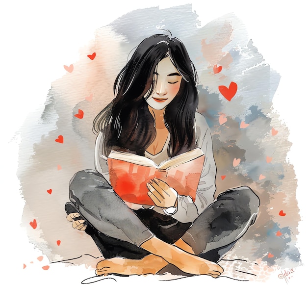 aquarelle de dessin animé plein corps belle femme asiatique lisant un livre