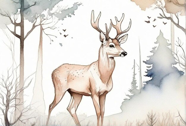 Aquarelle Dessin d'art en ligne Cerf avec fond forestier et fleur