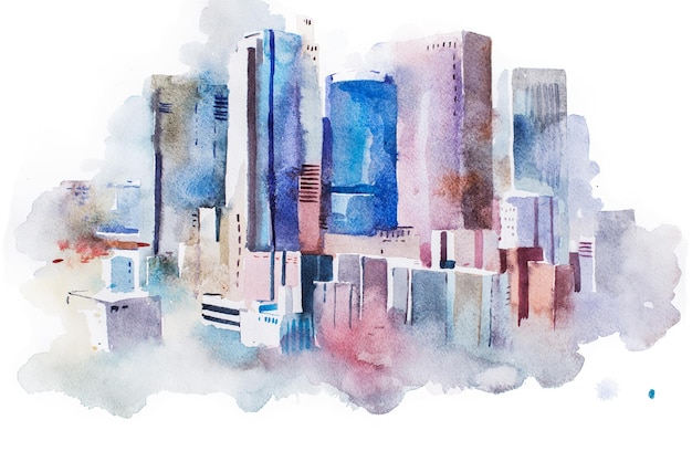 Aquarelle dessin paysage urbain grande ville centre-ville peinture aquarelle