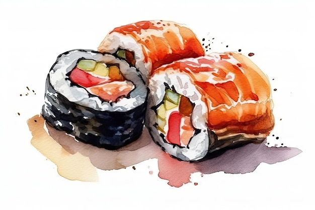 Aquarelle Dessin Sushi Sur Fond Blanc Generative AI