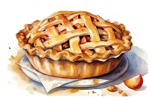 Aquarelle Dessin Tarte Aux Pommes Sur Fond Blanc Generative AI