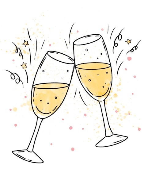 Photo aquarelle dessinant deux verres d'éclaboussures de champagne et célébration