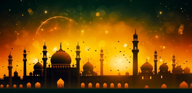 Aquarelle dessinant de magnifiques feux d'artifice festifs sur la ville et les mosquées du nouvel an islamique généré par l'IA