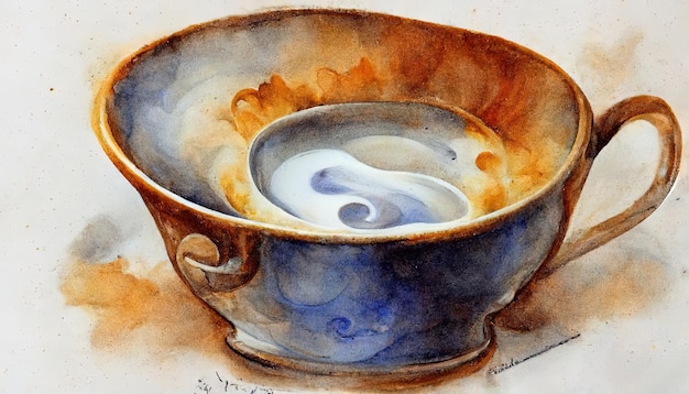 Aquarelle dessinant une tasse en céramique de café chaud avec du lait ou du cappuccino Generative Ai