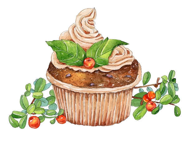 Aquarelle dessinée à la main appétissant cupcake délicieux sucré Grande décoration pour le menu