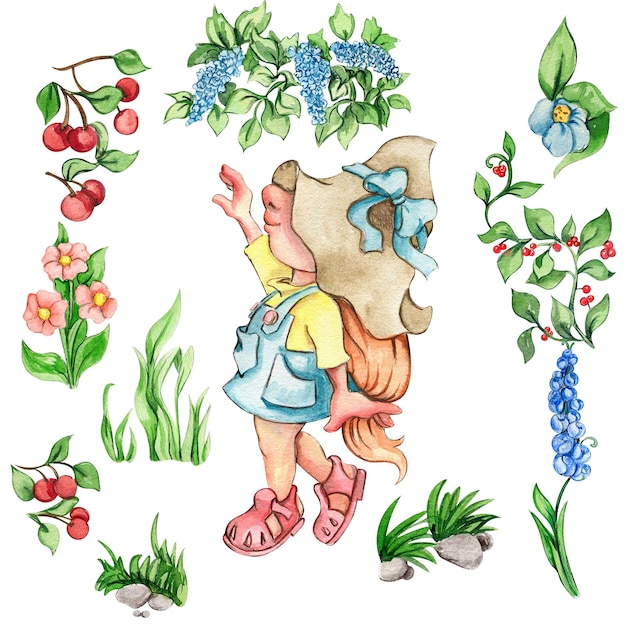 Aquarelle dessinée à la main gnomes nordiques mignons gnomes scandinaves et fleurs et feuilles