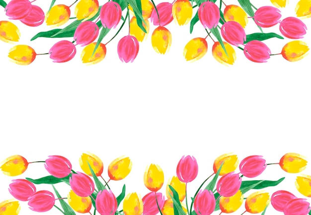 Aquarelle dessinée à la main tulipes roses et jaunes bord de cadre isolé sur fond blanc Peut être utilisé pour carte postale album d'invitation de mariage et autres produits imprimés