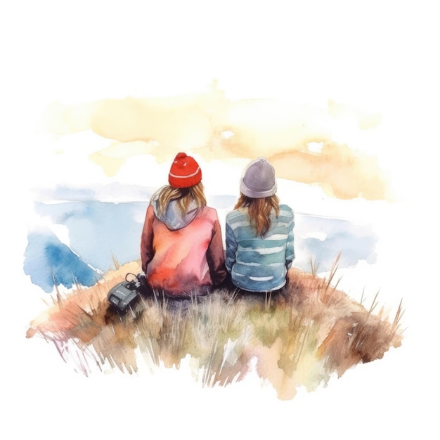 Aquarelle de deux amis assis sur une colline