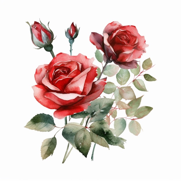 Une aquarelle de deux roses aux feuilles vertes.