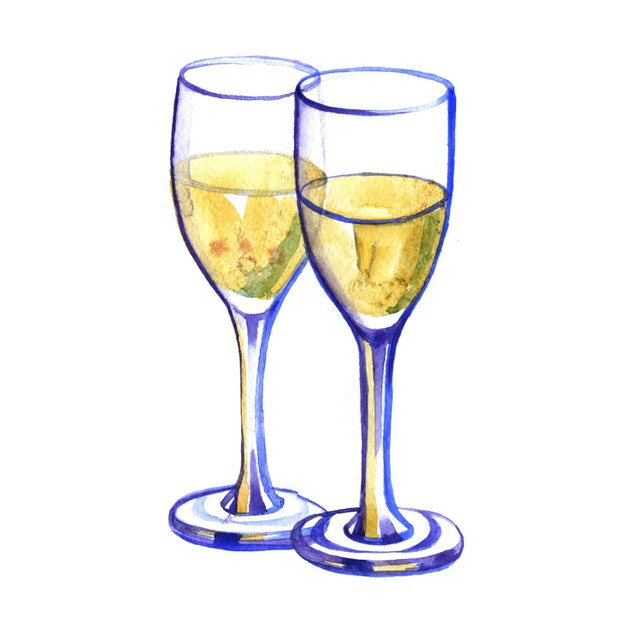 Photo aquarelle deux verres de champagne sur fond blanc