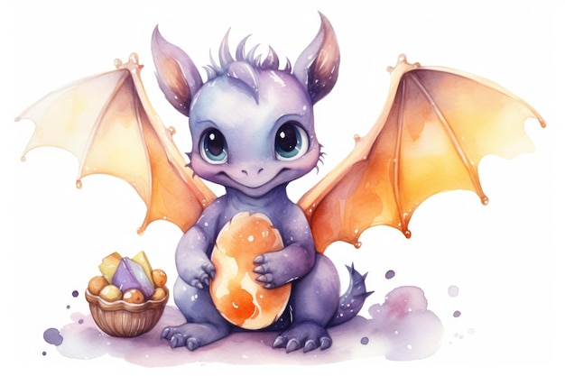 Aquarelle Dragon Cartoon mignon conte de fées bébé dragon violet avec des ailes ouvertes et des biscuits sourires Illustration isolée sur fond blanc Parfait pour la couverture de livre de fantaisie carte postale scrapbooking