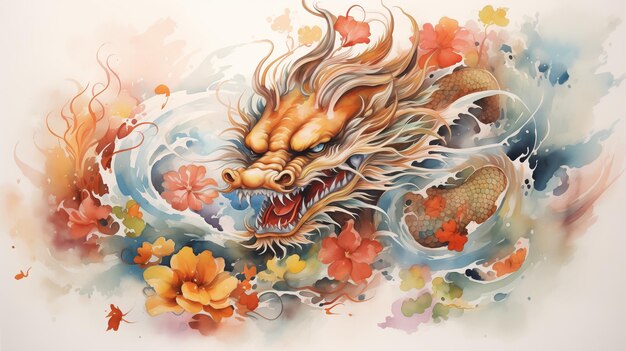 Une aquarelle d'un dragon avec des fleurs