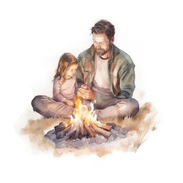 Aquarelle du père et de l'enfant au feu de camp