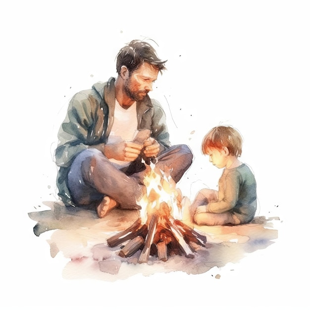 Aquarelle du père et de l'enfant dans le feu de camp