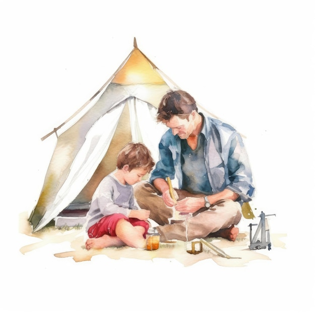 Aquarelle du père et de l'enfant mettant en place une tente