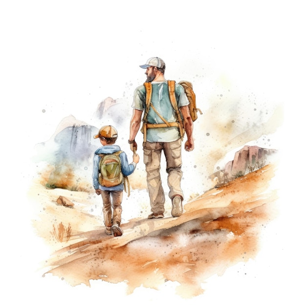 Aquarelle du père et de l'enfant en randonnée
