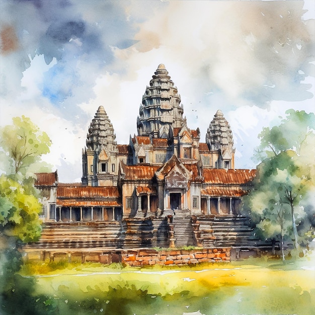 Une aquarelle du temple d'angkor wat