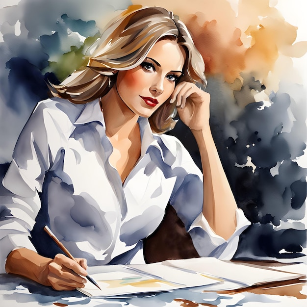aquarelle écrivain féminin avec un stylo regarde réfléchi