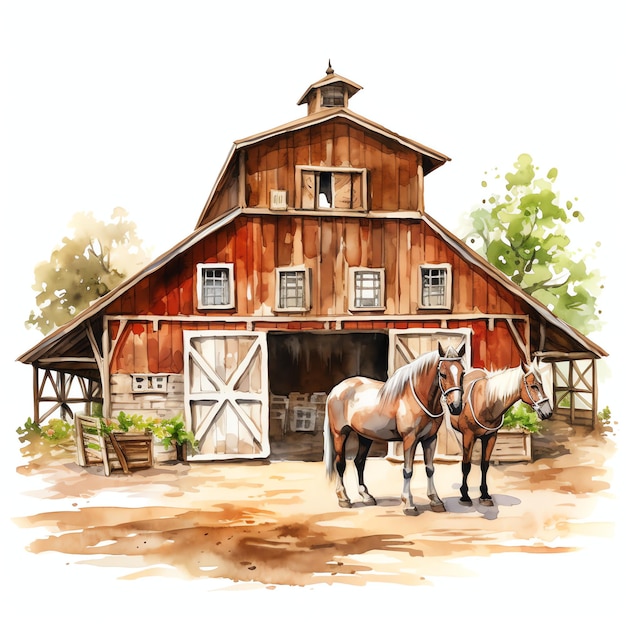 aquarelle écurie de chevaux ouest sauvage ouest cow-boy désert illustration clipart