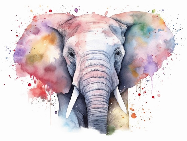 Une aquarelle d'un éléphant avec un fond coloré.