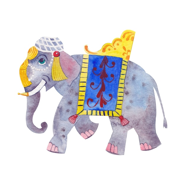 Aquarelle éléphant indien peint à la main à l'aquarelle sur fond blanc