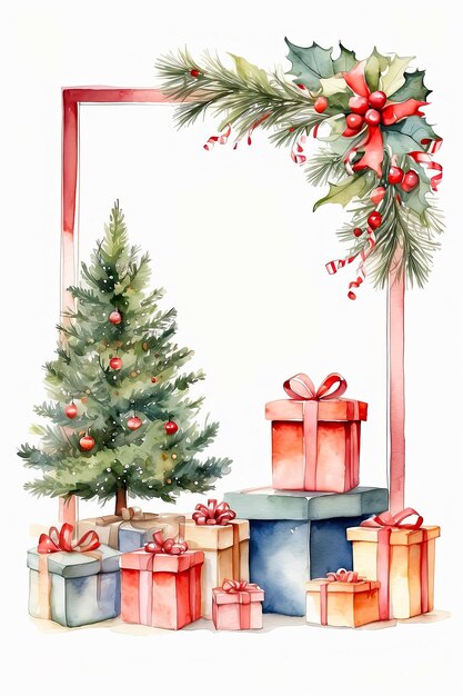 Aquarelle encadrant l'arbre de Noël et les boîtes cadeaux sur un fond blanc Carte de vœux pour Noël