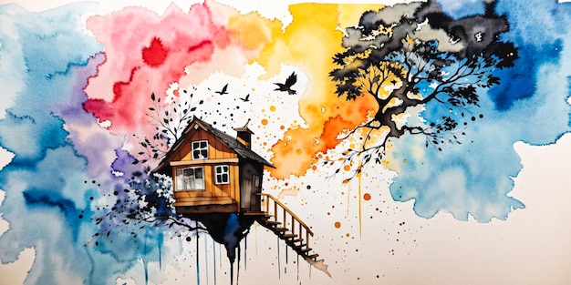 Aquarelle encre splash art abstrait illustration peinture soleil montagne arbre maison oiseau volant