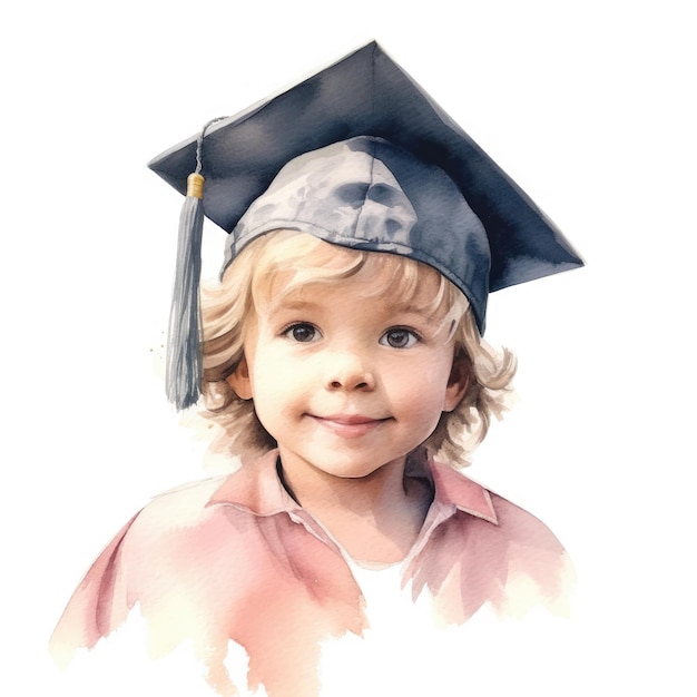 Aquarelle d'un enfant coiffé d'un bonnet de graduation