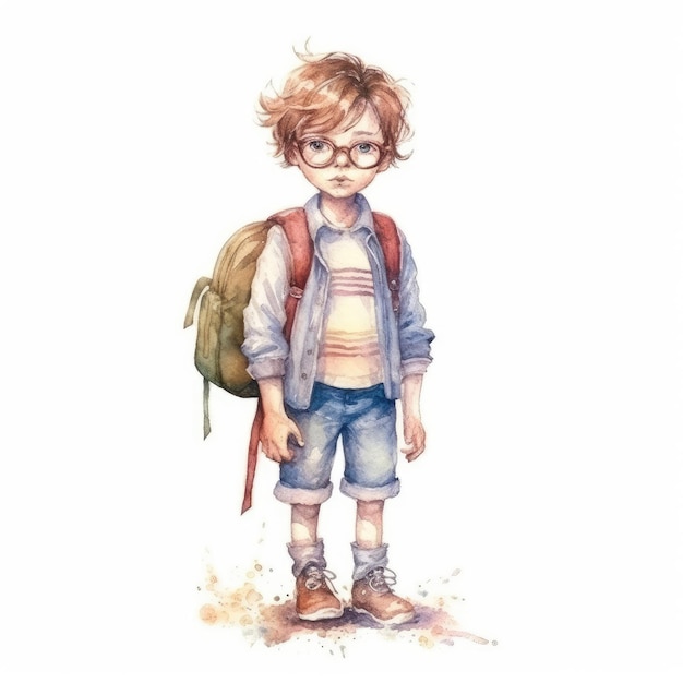 Aquarelle d'un enfant debout avec un sac à dos et un uniforme scolaire