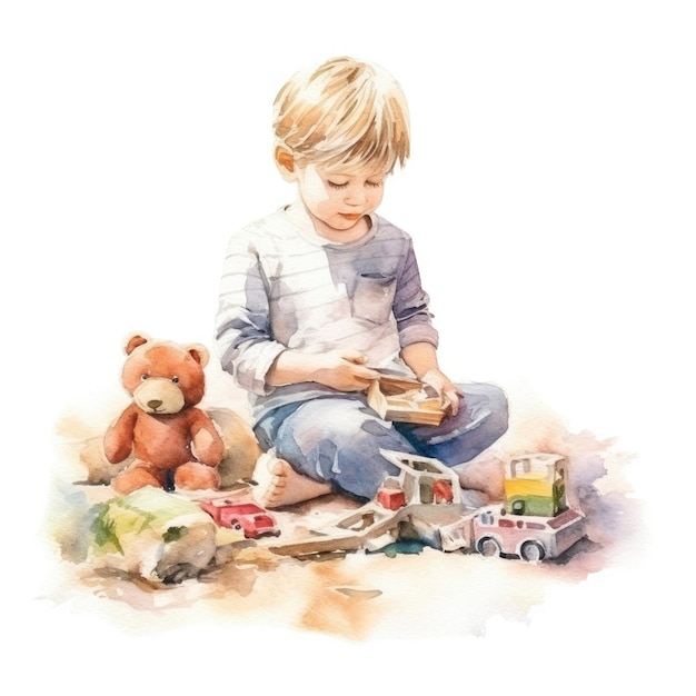 Aquarelle d'un enfant jouant avec des jouets