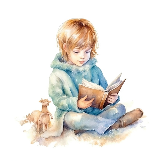 Aquarelle d'un enfant lisant un livre