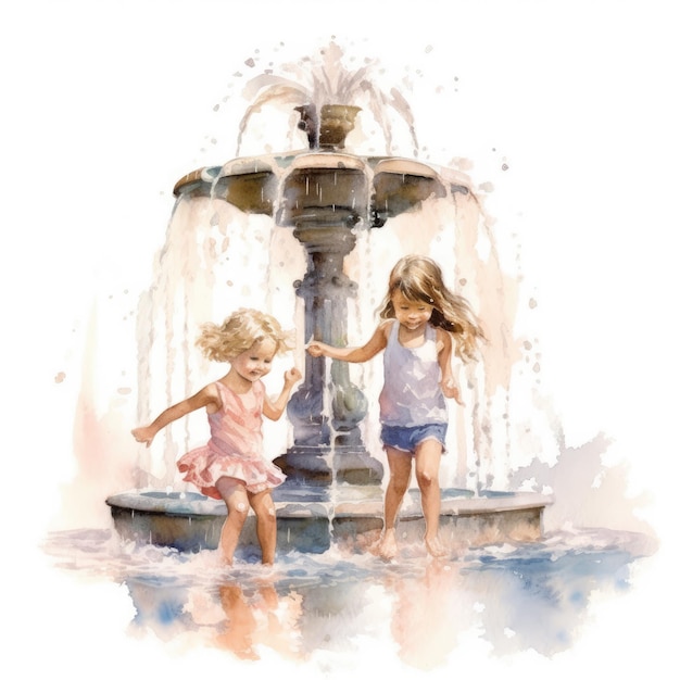 Aquarelle d'enfants éclaboussés dans une fontaine