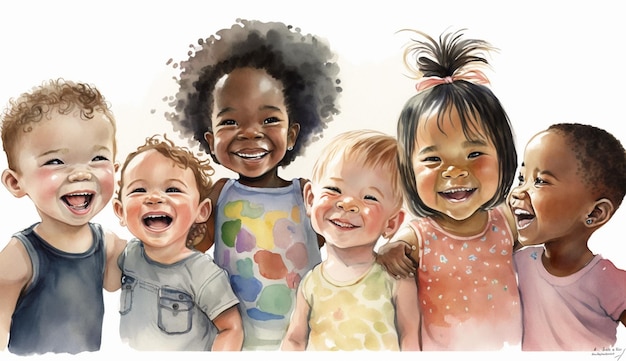 Une aquarelle d'enfants avec l'un d'eux portant une chemise qui dit "heureux"