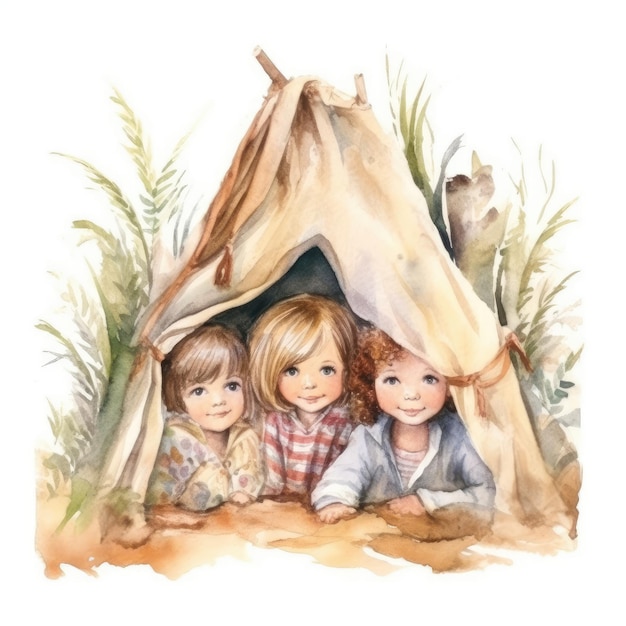 Aquarelle d'enfants jouant à cache-cache