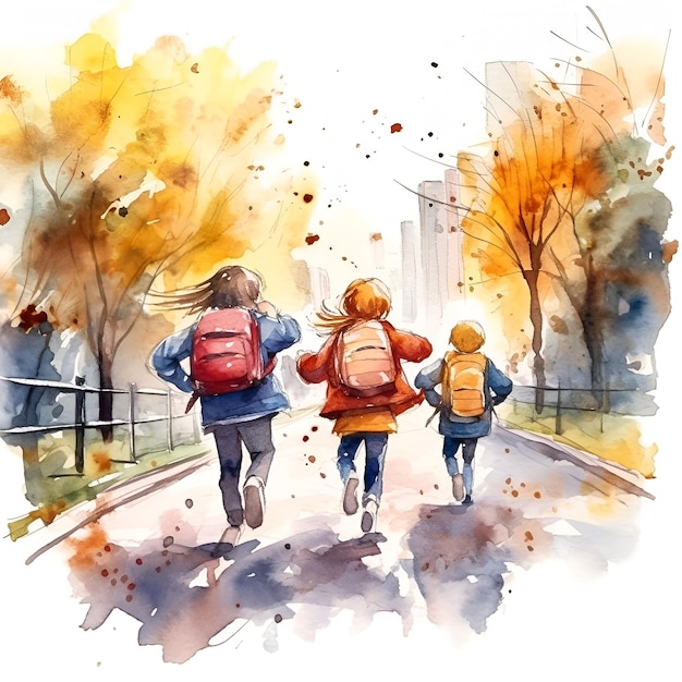 Une aquarelle d'enfants marchant dans une rue avec leurs sacs à dos.