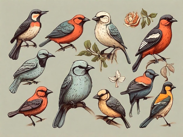 Aquarelle Ensemble d'oiseaux tropicaux Illustration à l'aquarelle Collection d' oiseaux différents isolés sur fond blanc