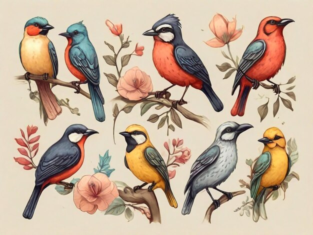 Aquarelle Ensemble d'oiseaux tropicaux Illustration à l'aquarelle Collection d' oiseaux différents isolés sur fond blanc