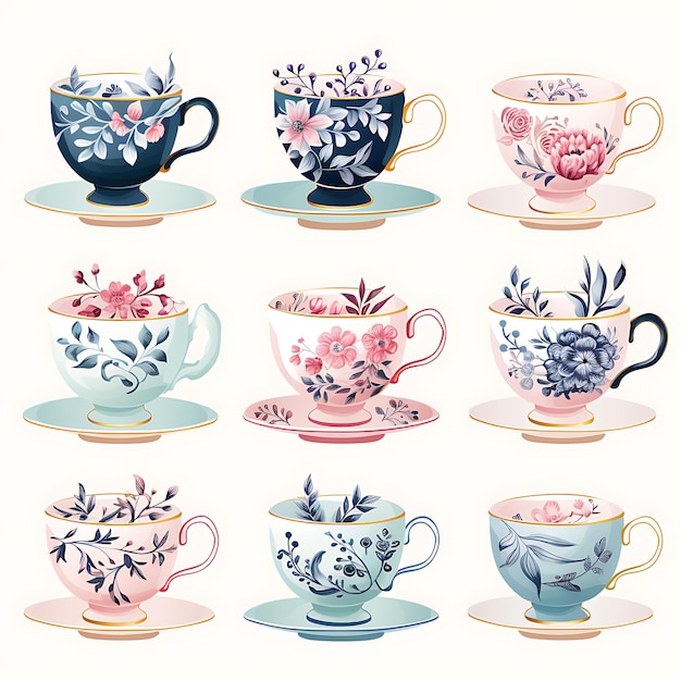 Aquarelle d'un ensemble de tasses à thé en porcelaine délicate présentant des accents de maison sur fond blanc