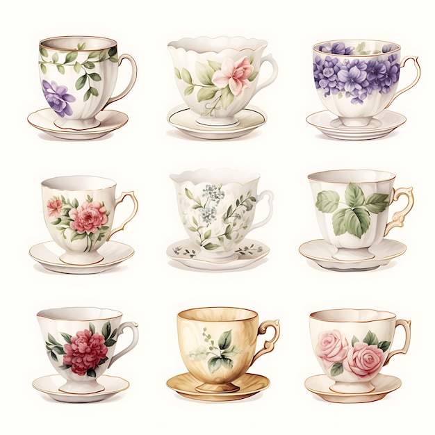 Aquarelle d'un ensemble de tasses à thé en porcelaine fine présentant des accents de maison sur fond blanc
